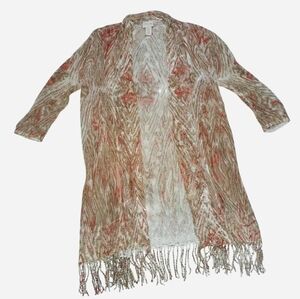 Chico's Vintage Duster Kimono Cover Up Beige Peach Neutrals with Fringe Boho